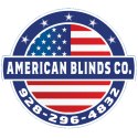 Circular logo for American Blinds Co. featuring a stylized American flag, the company name in bold letters, and phone number 928-296-4832 around the bottom edge; highlights professional installation for enhanced comfort, energy savings, and customer satisfaction.