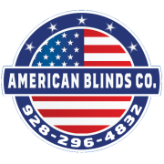 Circular logo for American Blinds Co. featuring a stylized American flag, the company name in bold letters, and phone number 928-296-4832 around the bottom edge; highlights professional installation for enhanced comfort, energy savings, and customer satisfaction.